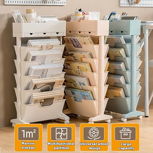 Miniatura 3 de Estantería de almacenamiento de 6 niveles, estantería movible única con 3 cajones, organizador de utilidad de gran capacidad, estantes blancos para