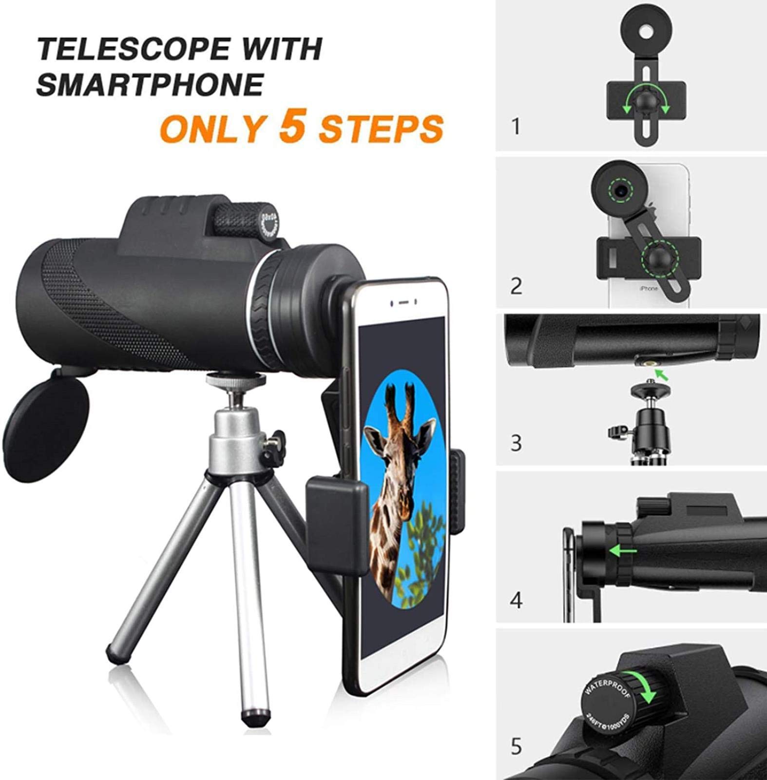 Monokular HD 40×60 High BAK-4 z uchwytem na smartfona i statywem, wodoodporny teleskop z zoomem, luneta noktowizyjna do obserwacji ptaków, polowań, biwakowania, do wewnąt