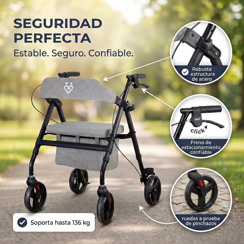 Andador Plegable y Ligero de 9 kg con Asiento – Rollator para Ancianos con Estructura de Acero, Bolsa y Respaldo Acolchado – Andador Estrecho para Interior y Exterior