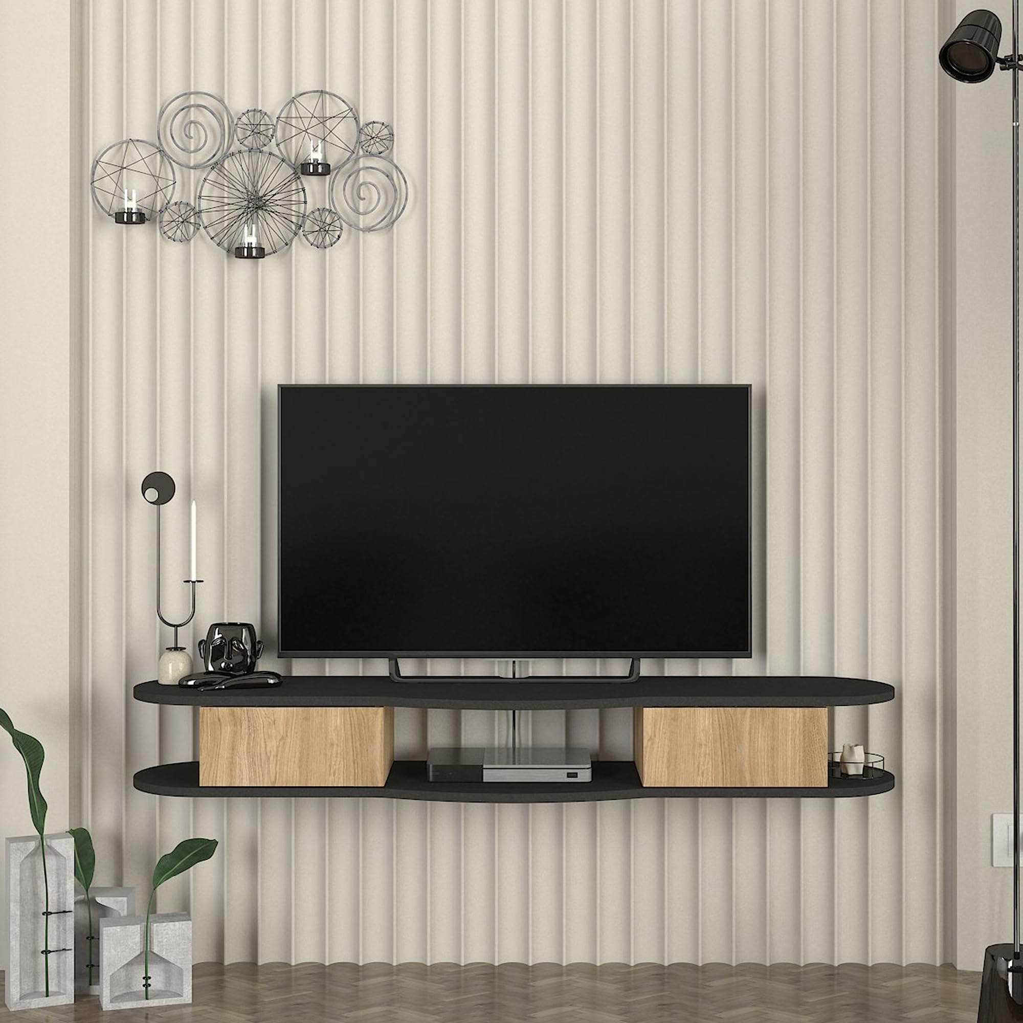 [en.casa] Mobile Porta TV da Parete a 2 Scomparti Chiusi da Ante a Ribalta Vano Aperto Mensola Sospesa Stand Multimediale con Fori Passacavi 150x35x19 cm - Antracite/Effetto Rovere