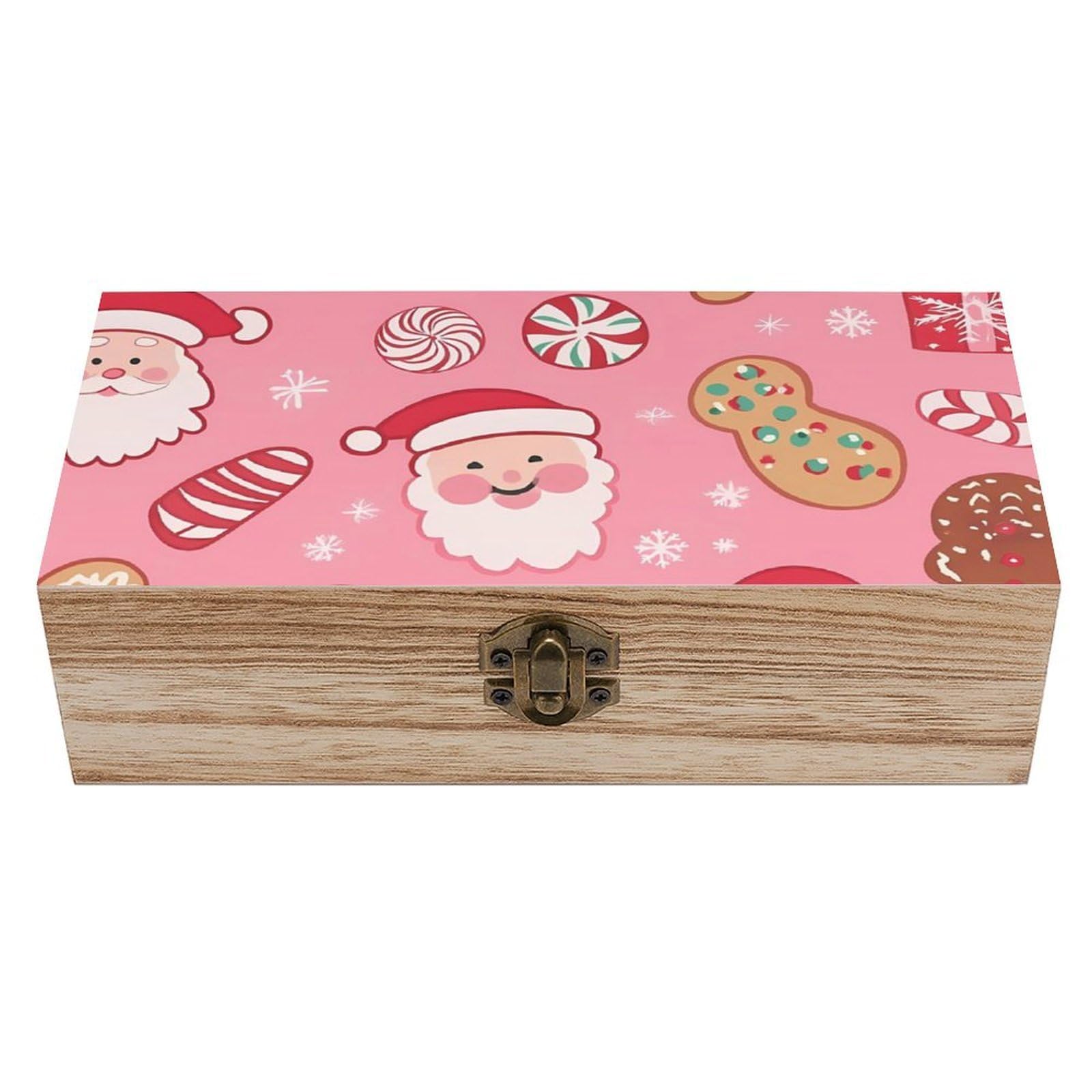 Oudrspo Pink Christmas Santa & Gingerbread Cookies Retro Wooden Storage Box Keepsake Jewelry Decorative Art Storages Box Gift Boxs