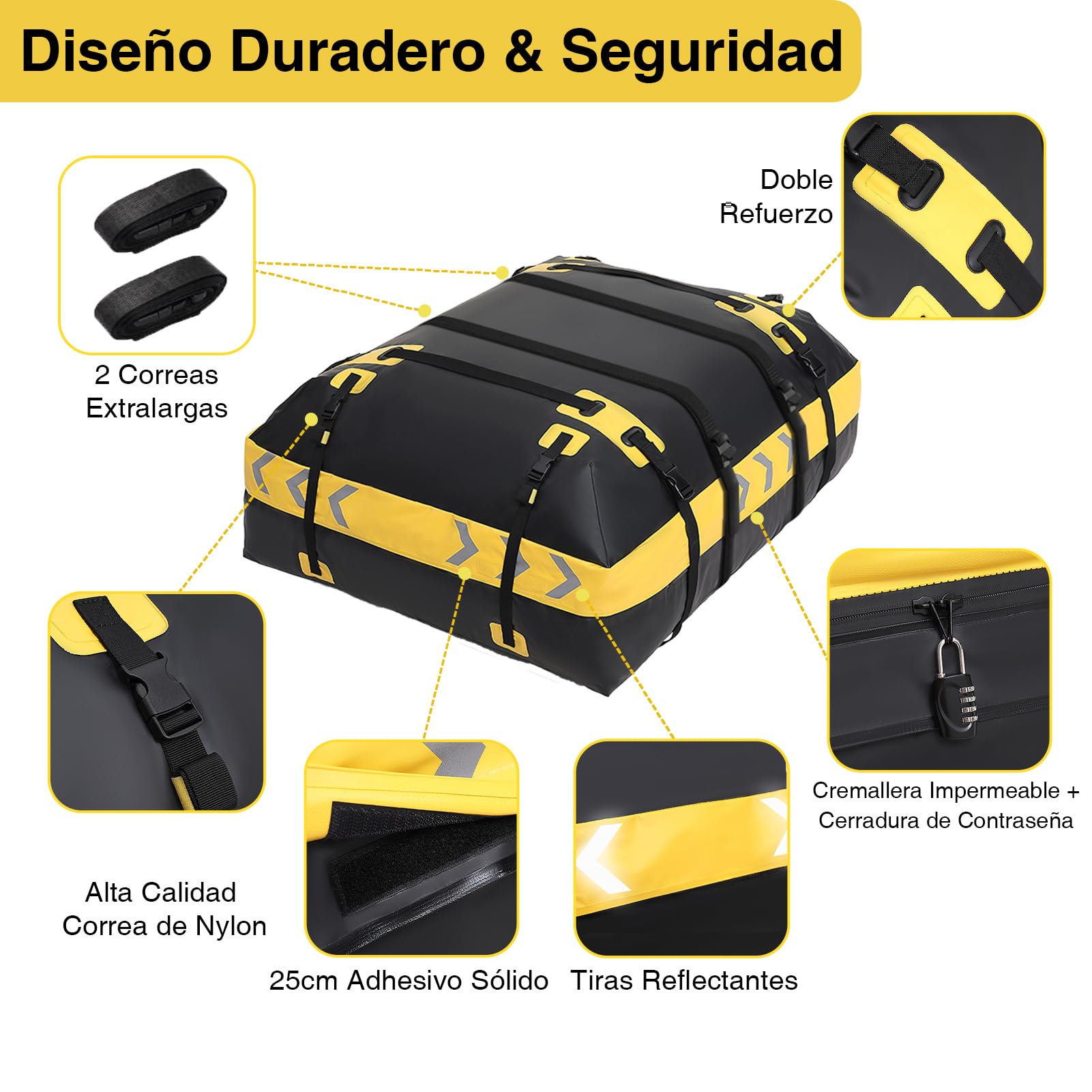 JOBYNA Bolsa de Techo, 15 Pies Cúbicos/ 425L Cofre de Techo Impermeabl para Coches con/Sin Portaequipajes, Incluye Alfombrilla Antideslizante + 6 Ganchos + Candado