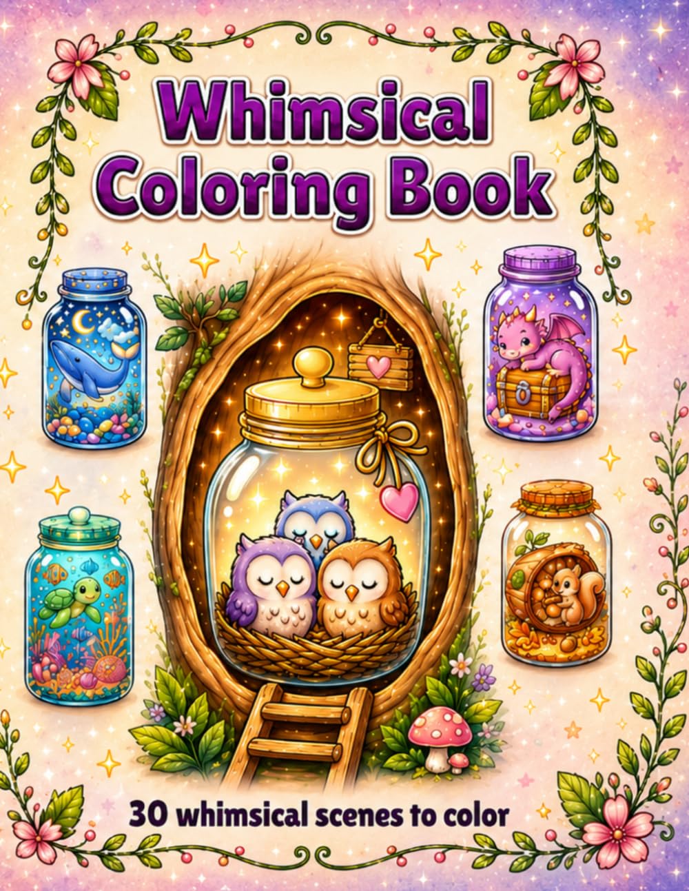 Whimsical Worlds: A Magical Children's Coloring Book featuring Cozy Miniature Scenes Inside Glass Jars.