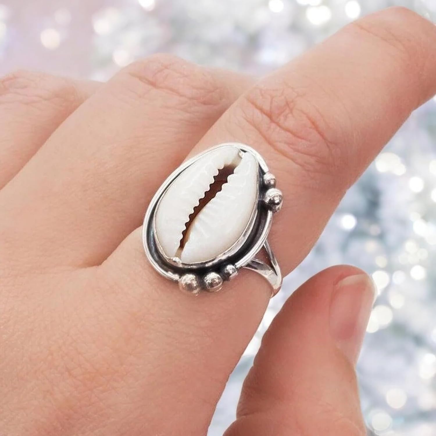 Cowrie 925 Sterling Silver Ring For Women Girls, Cowrie Ring, Natural Beach Shell Ring, Hammered Jewelry Mothers Day Ring By Saanvi Jewellery
