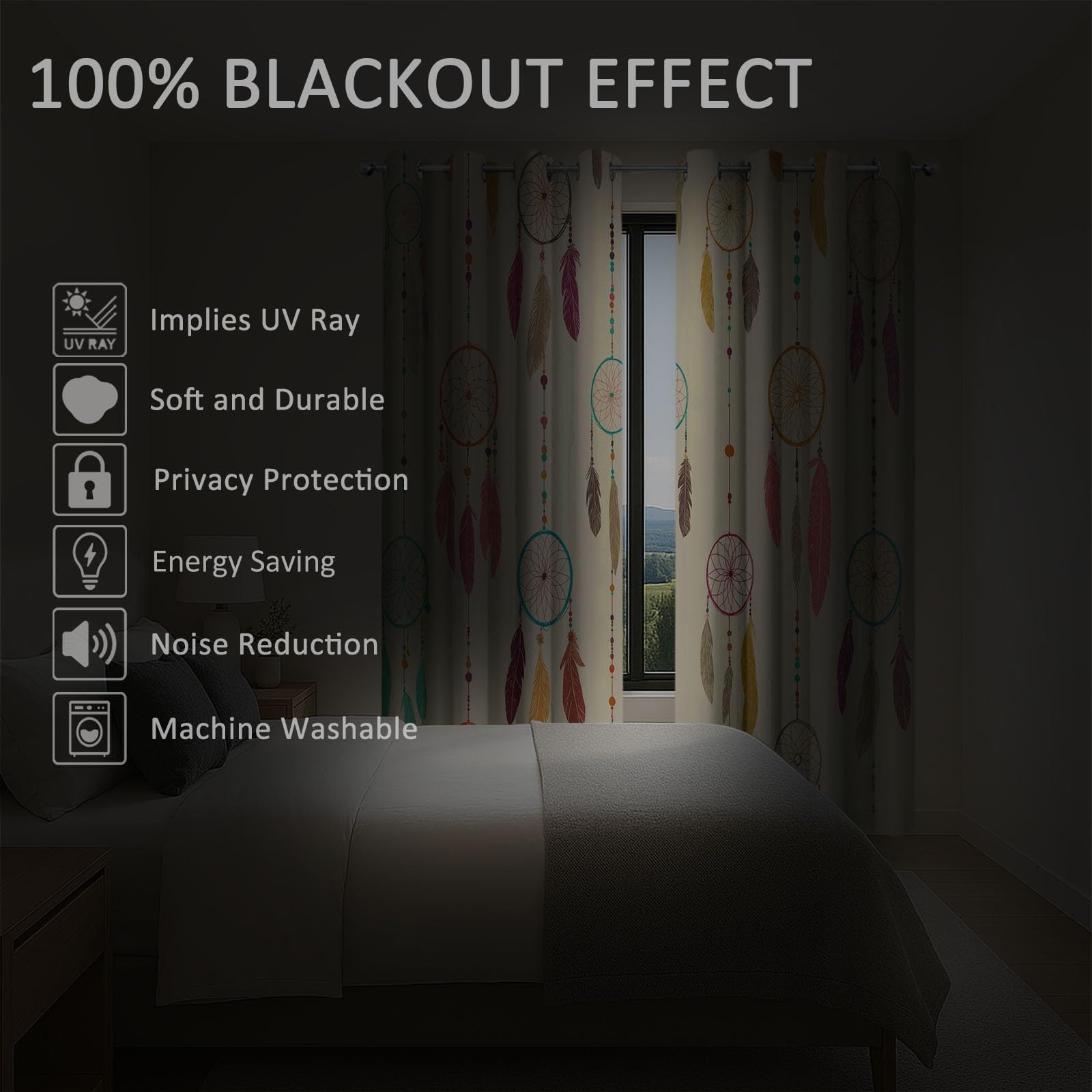 Generisch Verdunkelungsvorhänge Schlafzimmer Traumfänger Federn Vorhänge 220 x 215 cm, Grau Thermovorhang Blickdicht mit Ösen, Energiesparende Gardinen für Kinderzimmer - Perlen Seil