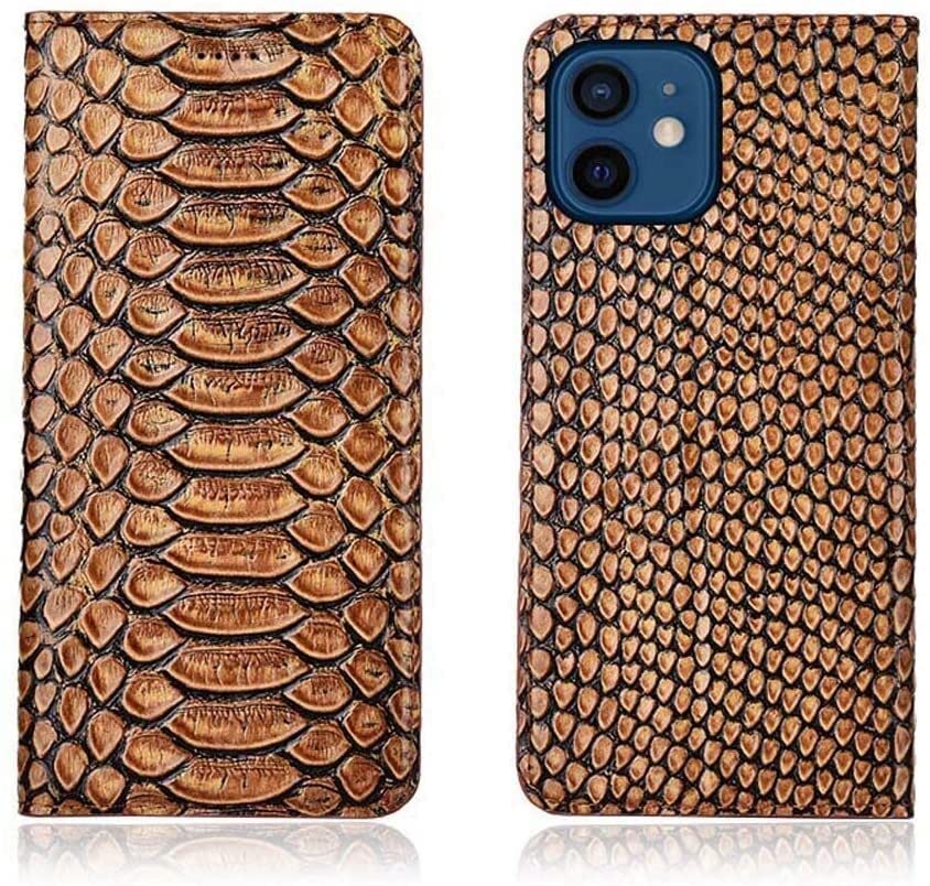 Funda de teléfono con tapa para iPhone 12 2020, protección de cuero marrón pitón