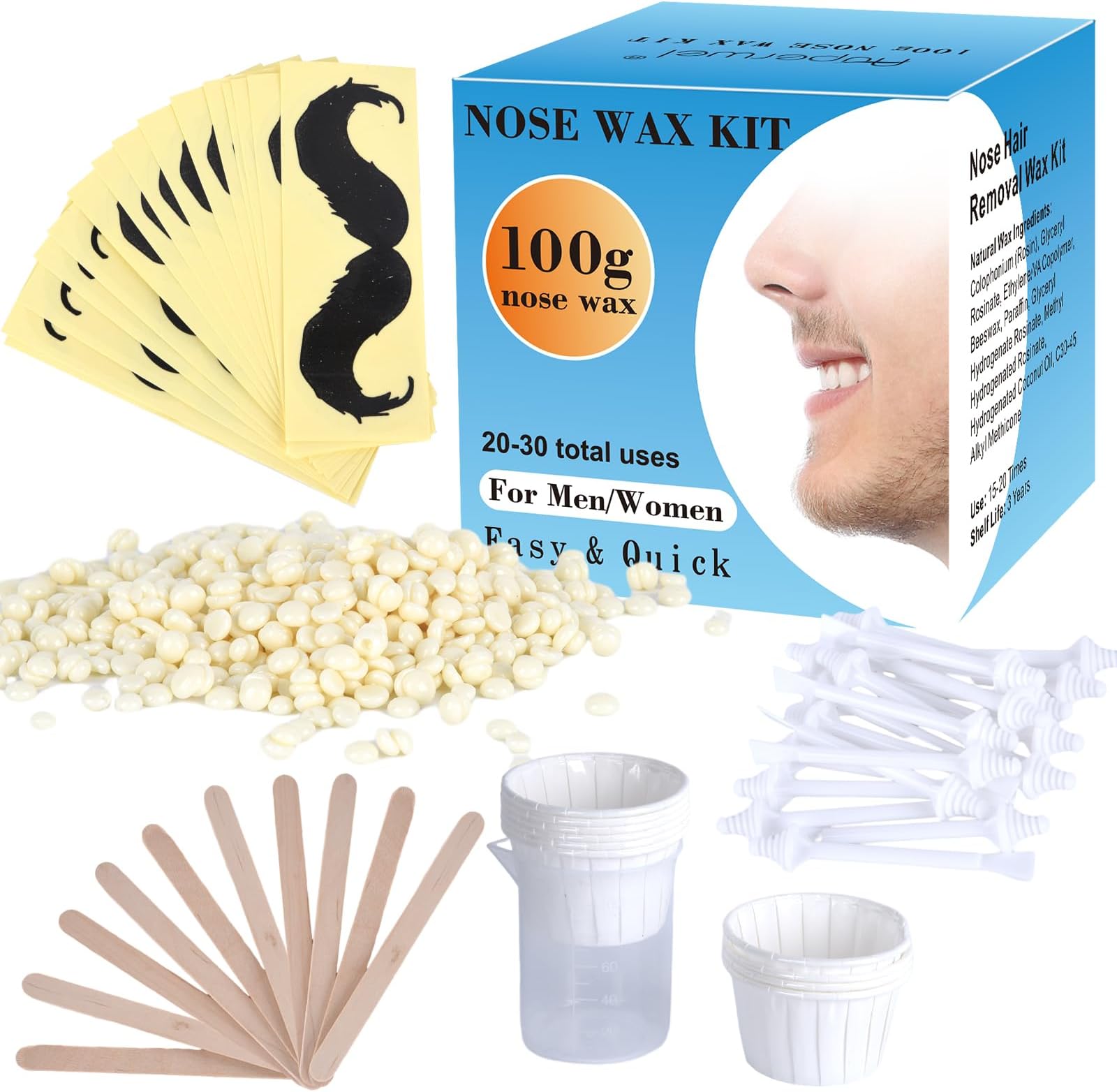 Wokaar Nose Wax Kit, 200g Beads Wax,60 Applicators, Nose Hair Removal Kits for Men
