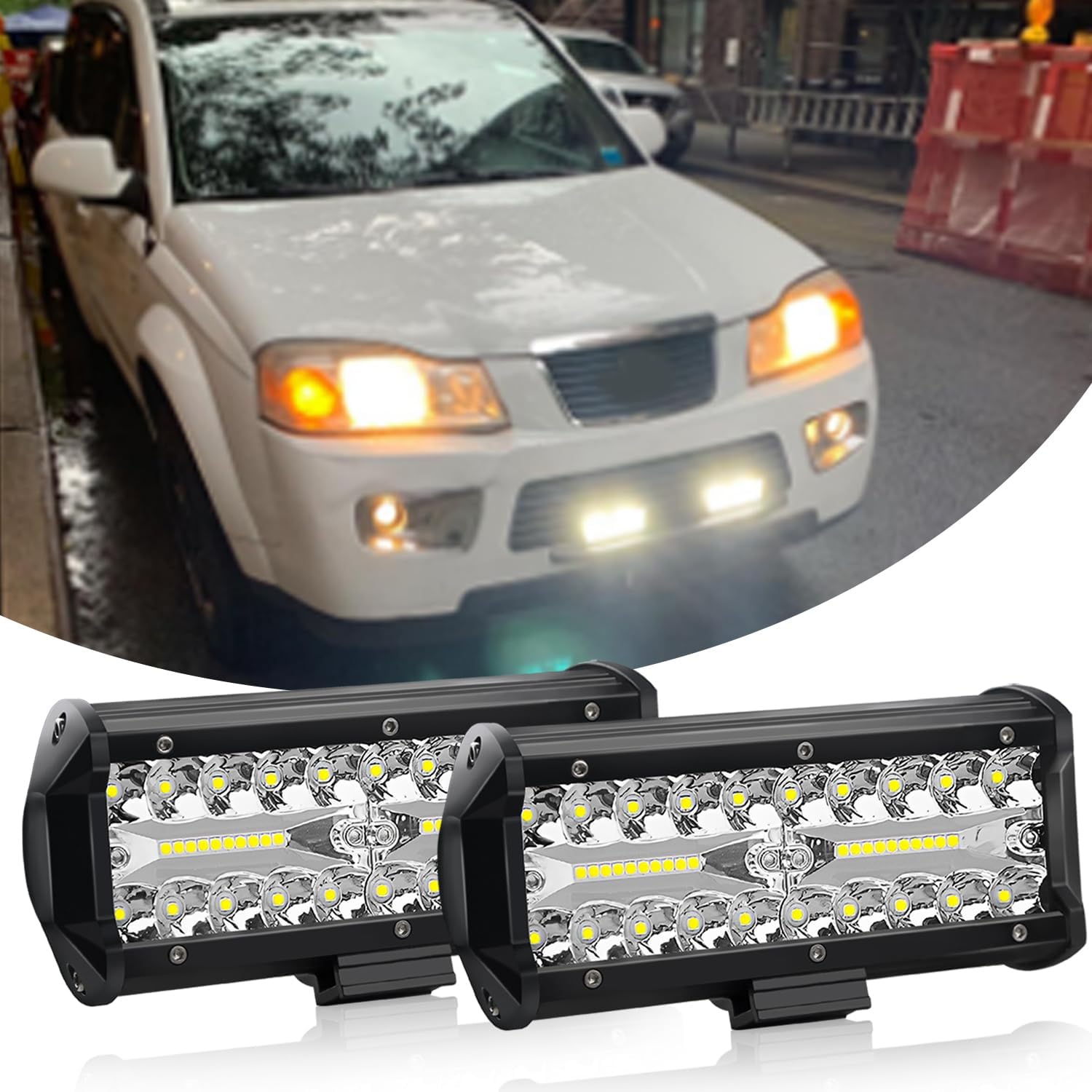 AveneMark 2 Pcs LED Light Bar 7 Inch Pod Lights, Flood Spot Driving Lights Off Road LED Lights Triple Row Combo Beam Work Light Waterproof for Jeep Truck ATV SUV Car Boats