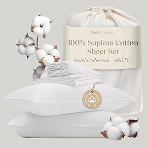 Double Stitch 100% American Supima Cotton Sheet Set - 600 Thread Count Sateen Weave Sheets King Size, Hotel Luxury Long Staple Cotton Bedding Set, Deep Pocket Up to 16'', Bright White