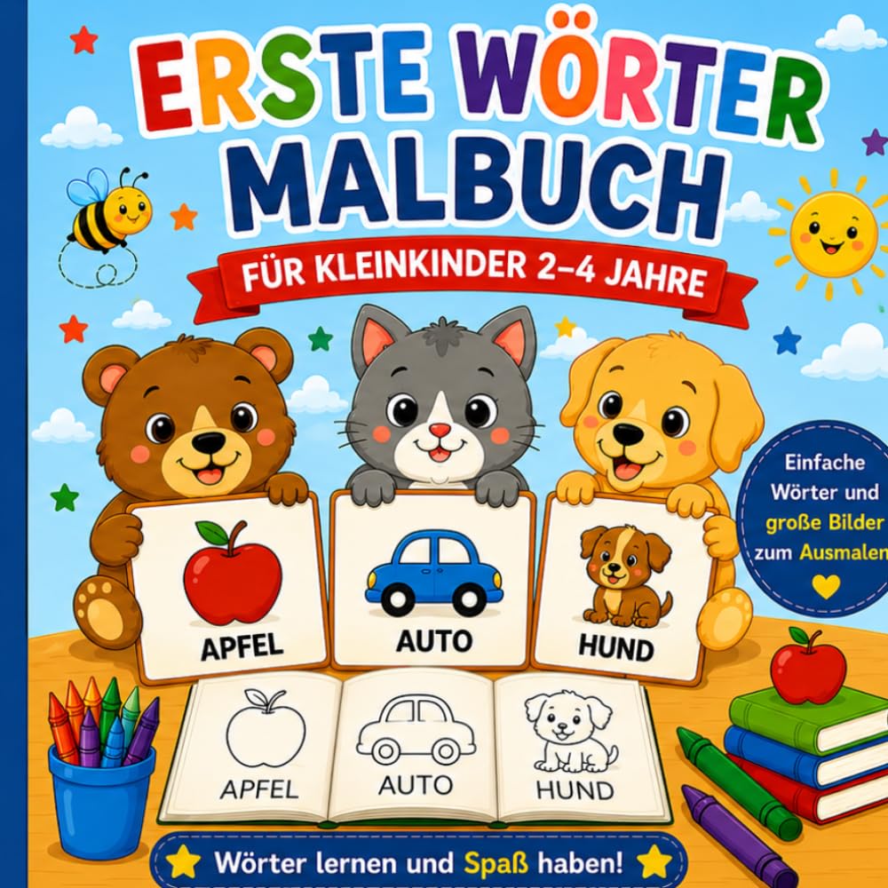 Erste Wörter Malbuch für Kleinkinder 2–4 Jahre: Einfache Wörter und große Bilder zum Ausmalen