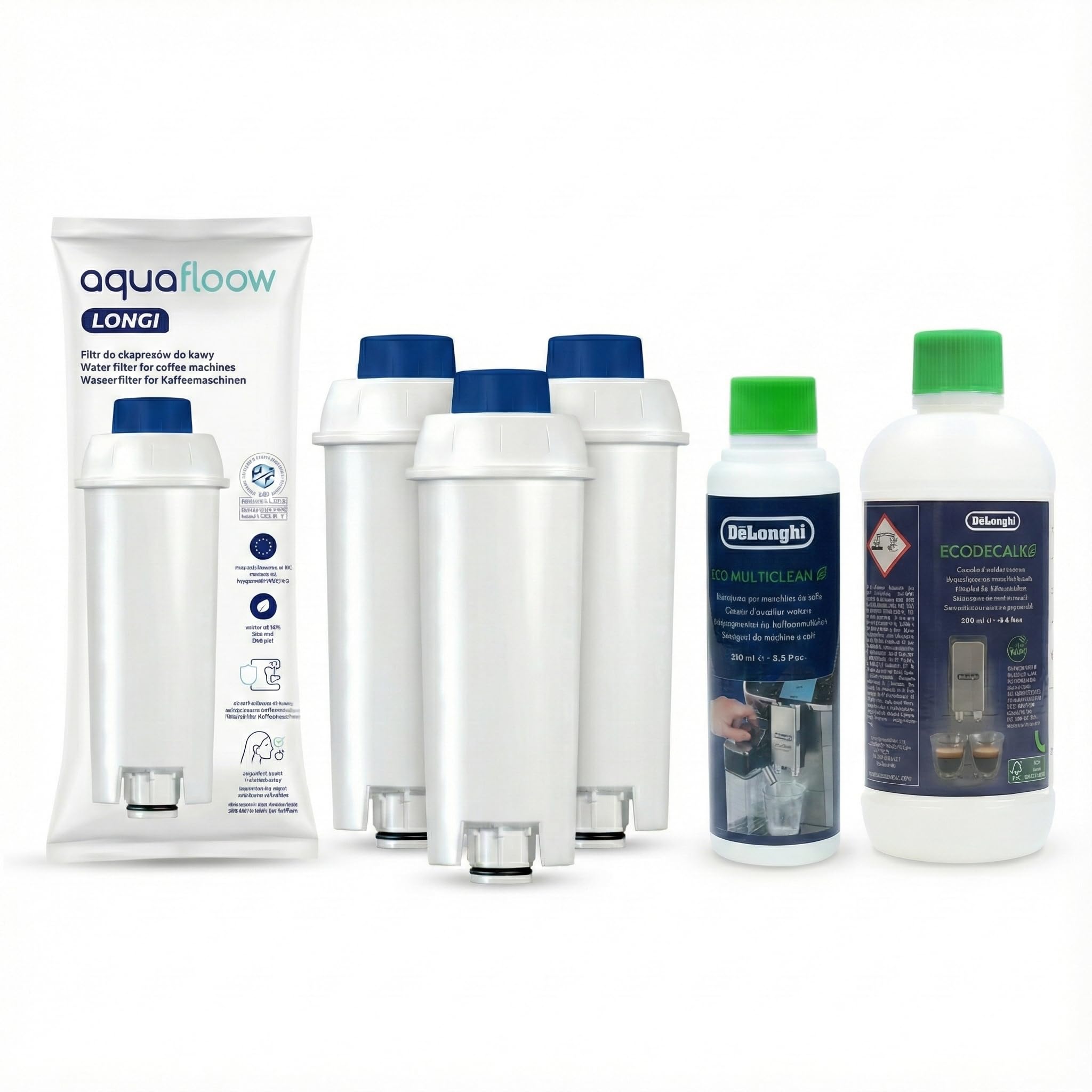 Aquafloow Kit d'entretien compatible avec DeLonghi Machine à Café – 3x Filtre à Eau (remplace DLSC002), DeLonghi EcoDecalk Détartrant (500ml) & Eco MultiClean (250ml) – Set de Nettoyage Complet