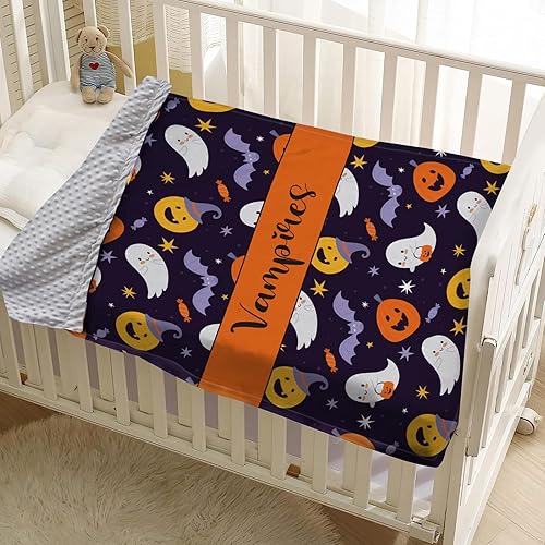 Miniatura 7 de Manta de bebé personalizada de Halloween, manta con nombre personalizado para niños pequeños, franela suave con respaldo de puntos de doble capa,