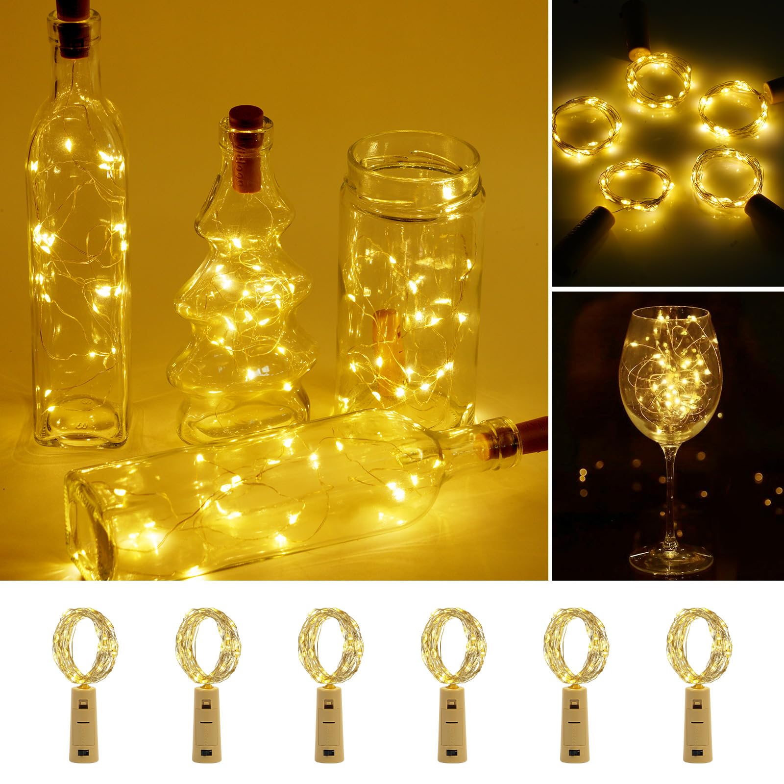 Vicloon Bottle Lights - 6 Packs 2M 20 LED Cork Lights, Battery Operated, Silver Wire Fairy Mini String for Party, DIY, Decoration (Warm White)