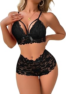 Lilosy Sexy Strappy High Waist Floral Lace Pajamas Lingerie Set Outfits