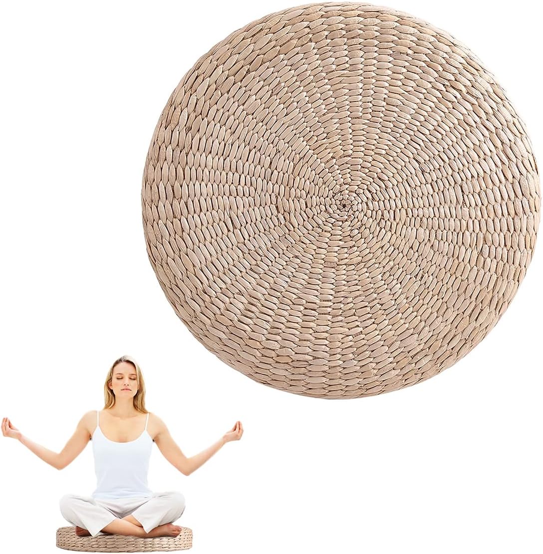 SANON Floor Cushion, Tatami Cushion, Round Straw Floor Cushion 40cm Futon Pad for Zen Yoga Meditation Hand Woven Seat Pillow for Living Room Bedroom Decoration
