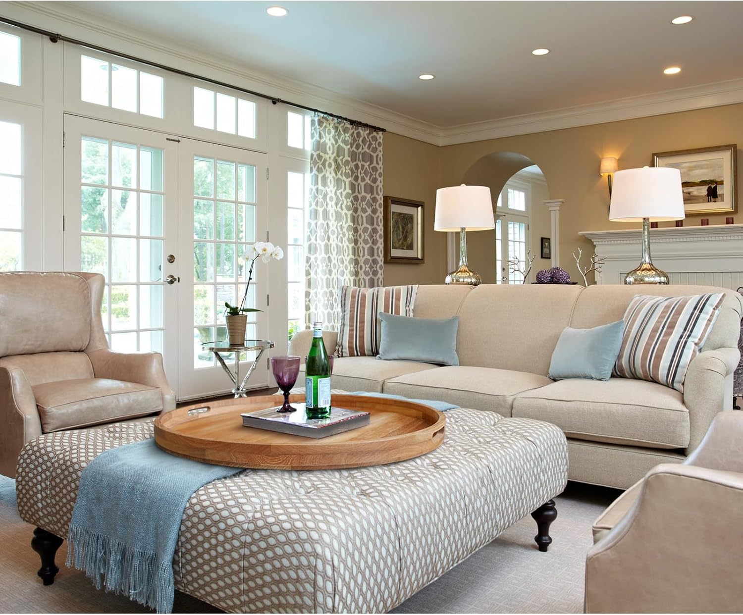 30 Inches Extra Large Round Teak Wood Ottoman Tray with Handles, Serve Tea, Coffee, Classic Circular Wooden Decorative Serving Tray - Image 2