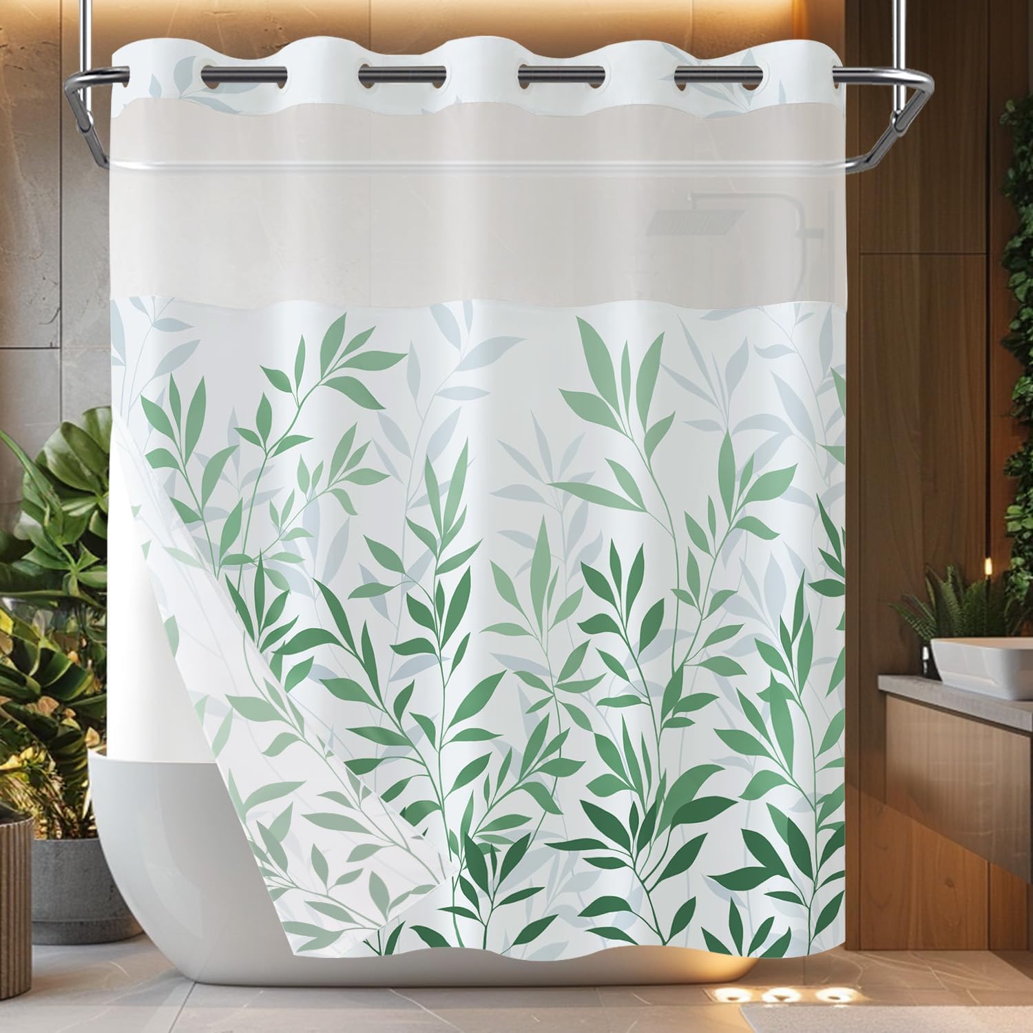 Hookless Shower Curtain for Bedroom Plant Leaves Shower Curtain Liner Waterproof Green and White Fabric Curtain Decor (Green)