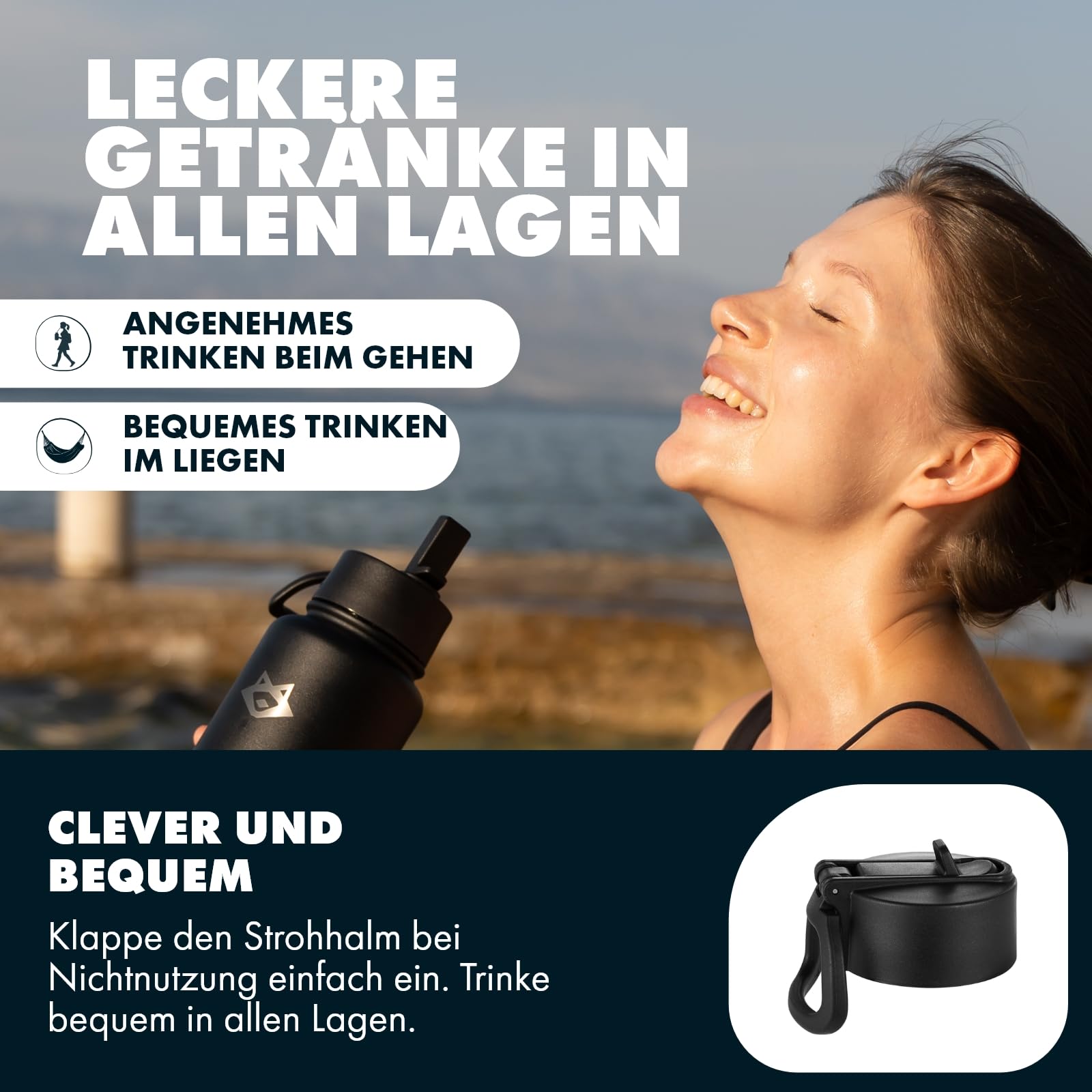 Edelstahl Trinkflasche mit Strohhalm 1L, BPA-frei, Thermo Trinkflasche mit Trinkhalm für Kinder & Erwachsene - Robuste Isolierflasche für Schule, Büro, Outdoor (Strohhalm Bundle, Schwarz)