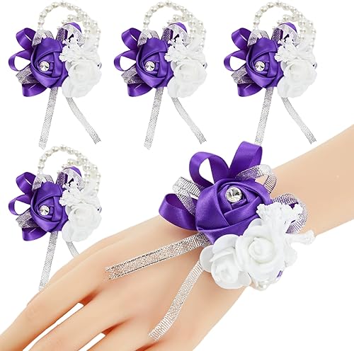 Meldel Ramillete de muñeca artificial para novia, dama de honor, boda, 4 unidades, rosa morada, novia y novio para madre, muñeca, mano, niña,