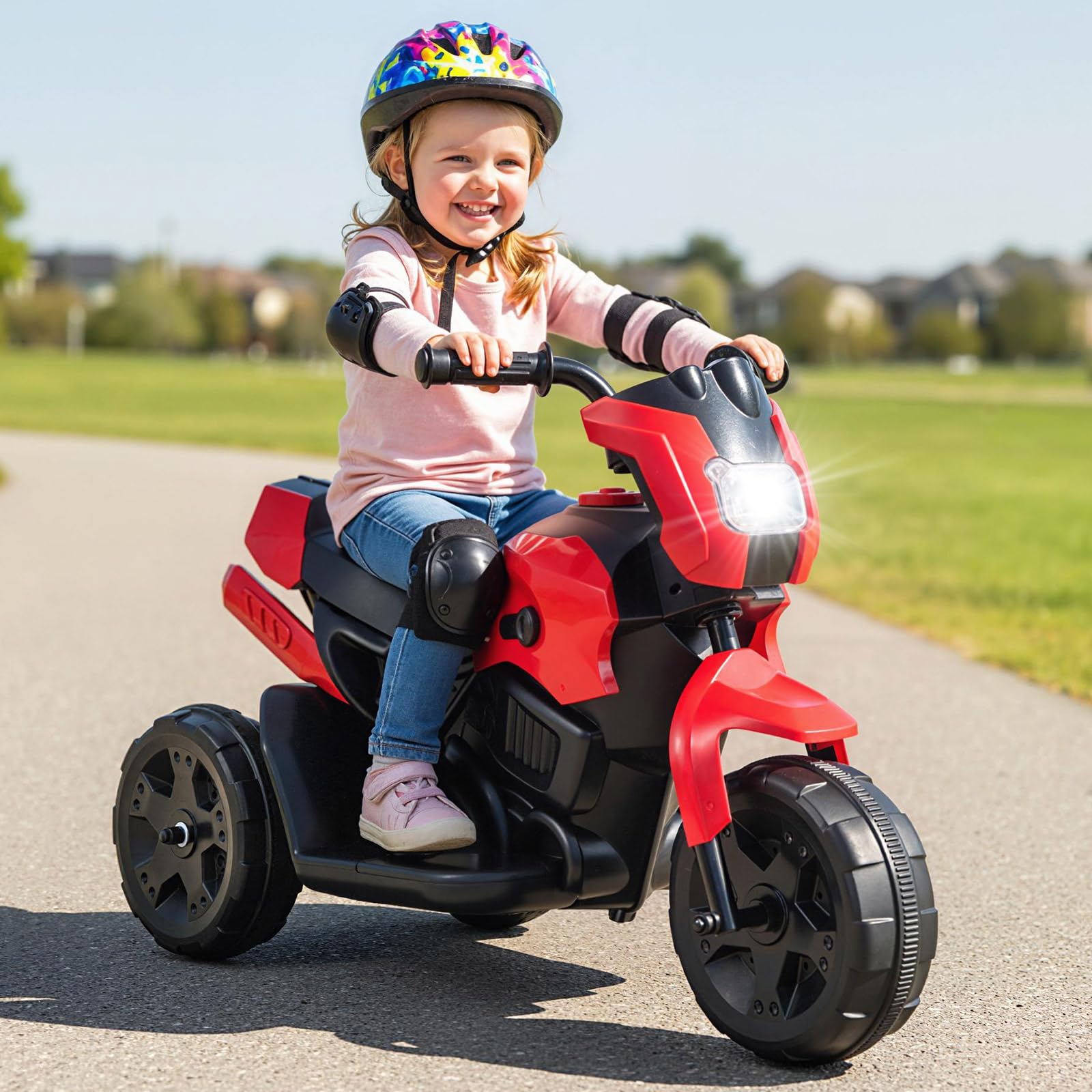 COSTWAY Elektryczny motocykl dziecięcy, 6 V, elektryczny z reflektorem LED i pedałem, 2-3 km/h, trójkołowy motocykl elektryczny dla chłopców i dziewczynek od 3 lat (czerwony)