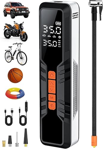 Hajomel Compresor de aire portátil para neumáticos, bomba de inflado inteligente 4 veces con medidor de presión digital, bomba eléctrica de