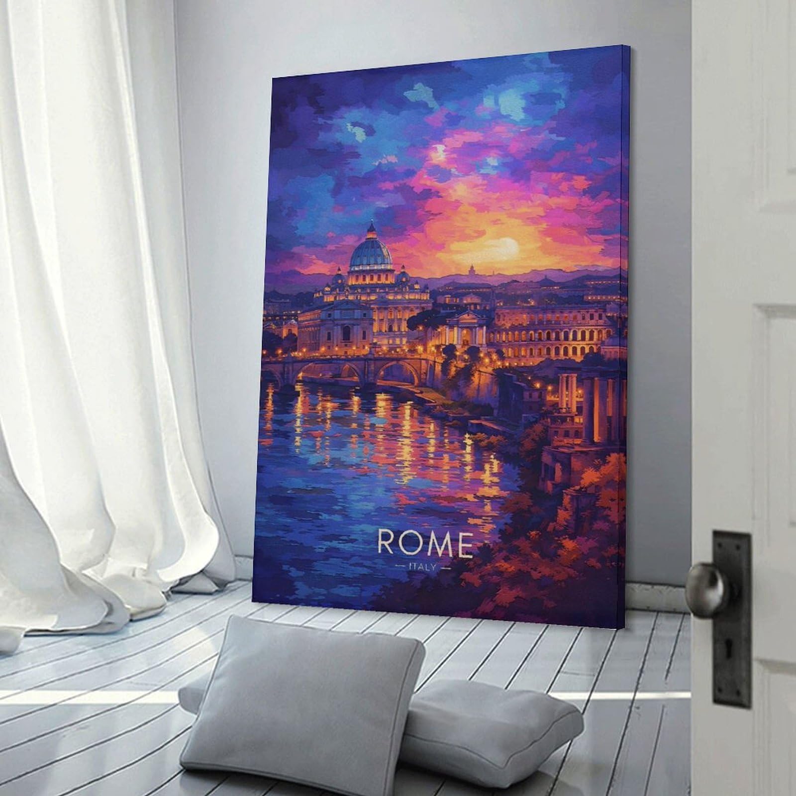 Junmoney Frame-Style-18-1 Canvas Art Print Rome Cityscape At Sunset, 16X24inch(40X60cm), For Office, Study Or Home Workspace, Wall Art That Adds Style To Work Areas