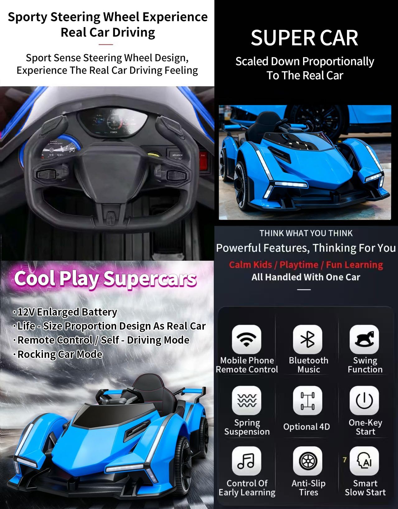 12V Kids Electric Ride On Car, Kids Electric Remote Control Car, LED Lights, Horn, USB, MP3 Music, 4 Motors, Suspension - Image 8