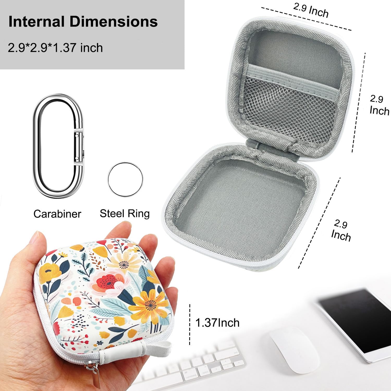 Funda cuadrada para auriculares, organizador de auriculares, funda portátil de EVA con mosquetón para AirPods 4, Airpods Pro 2, Beats Bose Galaxy Buds 3, almacenamiento de cable de datos (floreciente