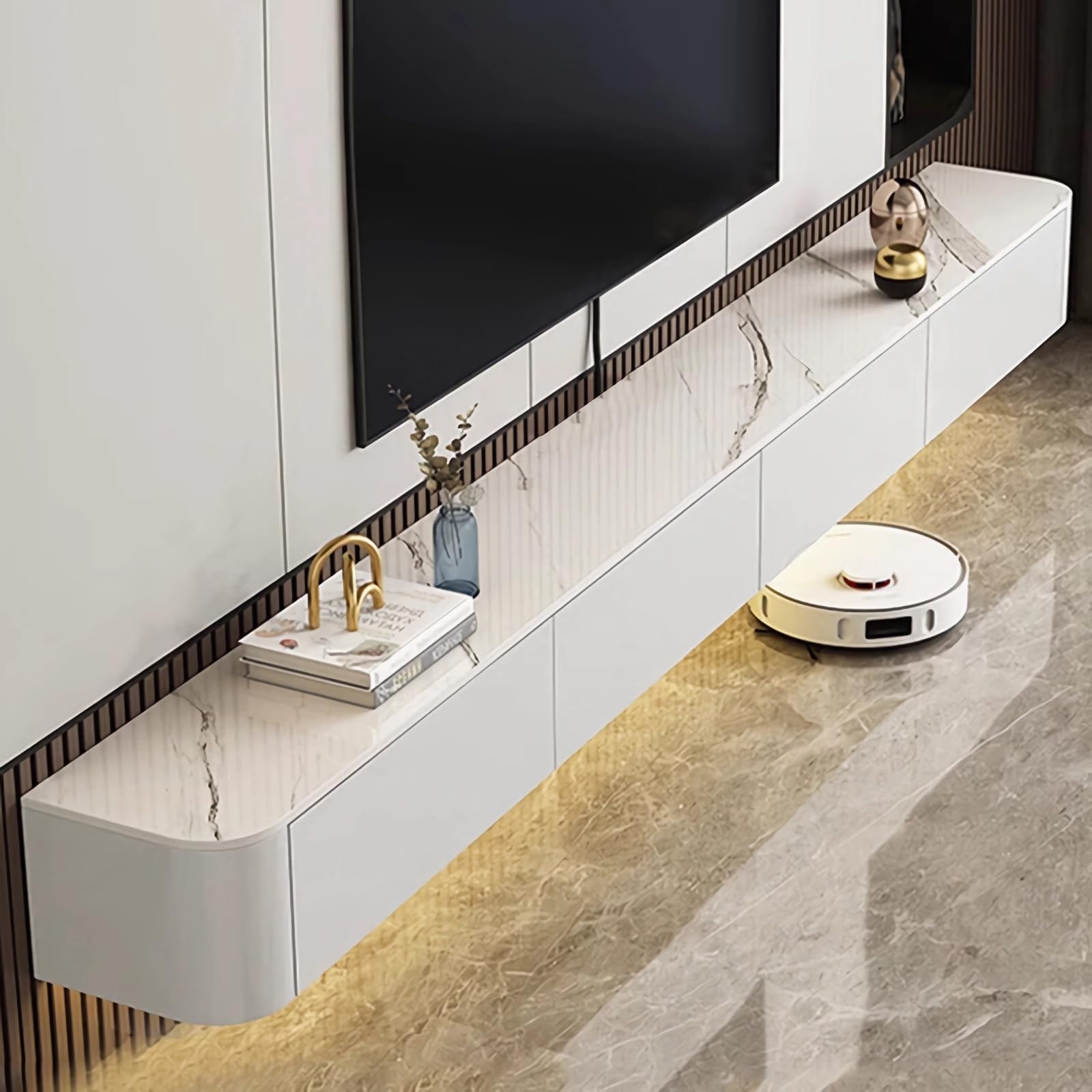 Coubird Floating TV Unit, Wall Mounted TV Cabinet, Floating Shelves with Doors & Drawer, Modern Entertainment Media Console Center Storage TV Bench for Living Room & Office (White-B, 140cm/55.1in)