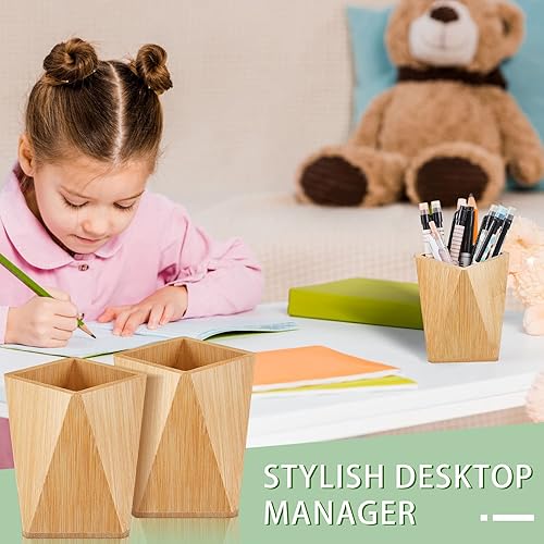 Miniatura 4 de Henoyso 2 soportes de bambú para lápices, soporte geométrico para lápices, para escritorio, soporte para lápices de madera, soporte geométrico,