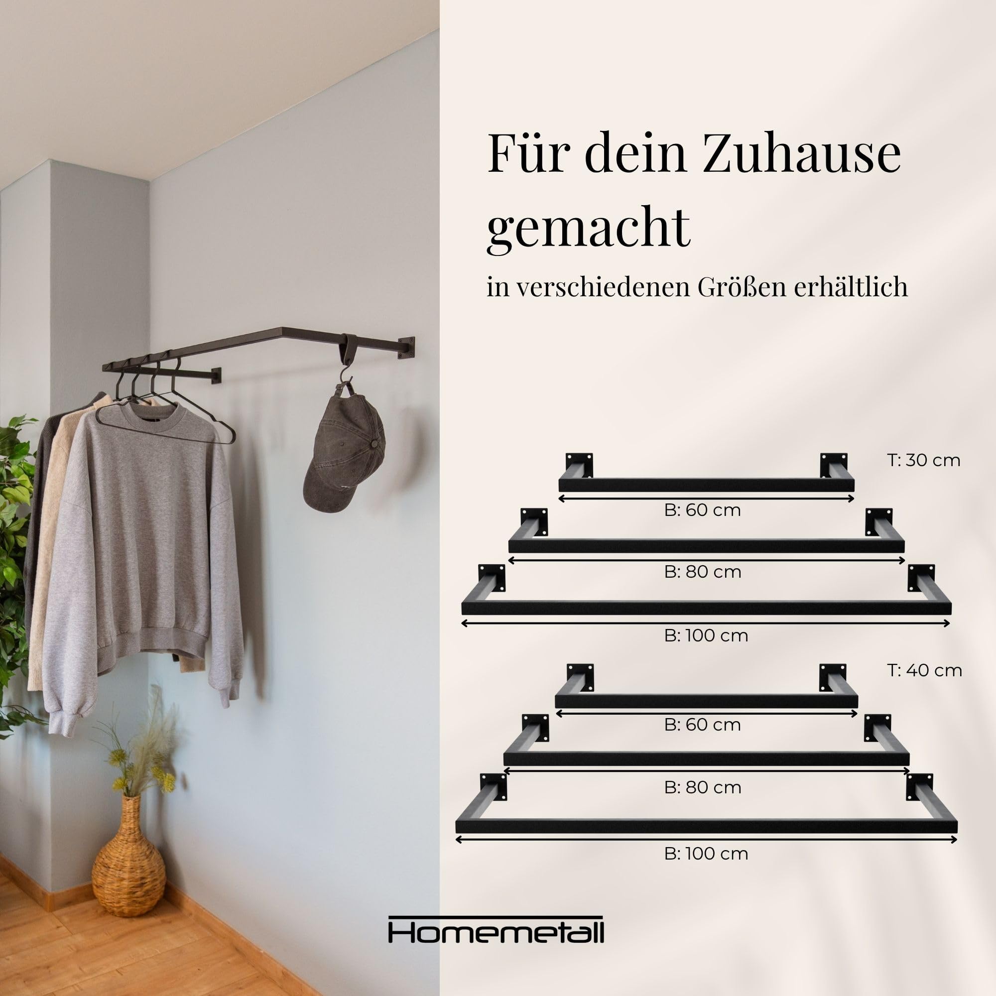 Kleiderstange Wandmontage Schwarz aus Metall - Garderobenstange Wandmontage 50 kg Traglast - in Handarbeit hergestellt & pulverbeschichtet - Wand-Kleiderstange T30cm x B100cm