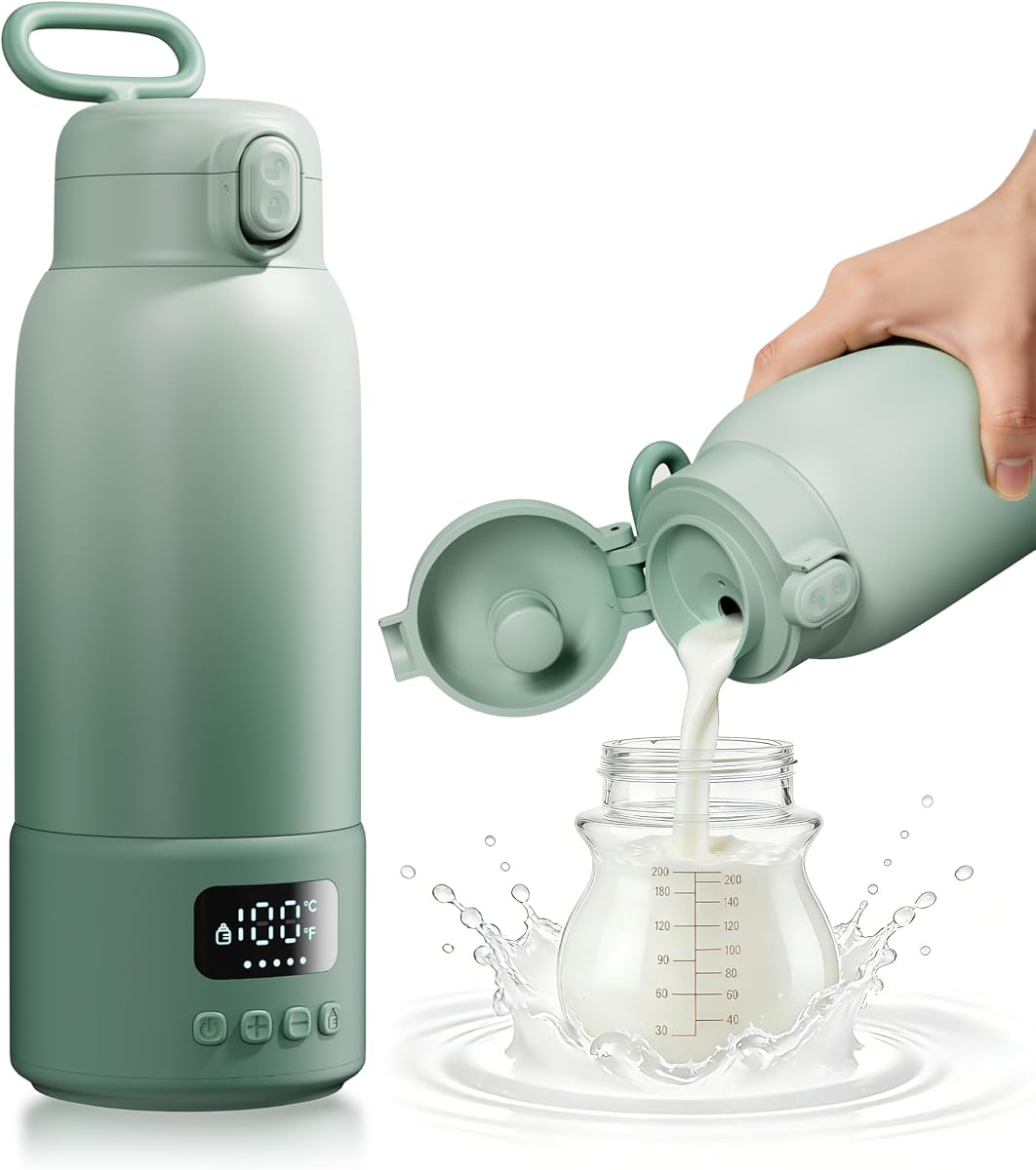 Calentador de biberones portátil para viajes, gran capacidad de 17 oz, calentamiento rápido de 2 minutos, función para mantener caliente, batería de larga duración, ideal para calentar leche materna y agua mientras viaja, verde