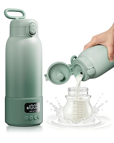 Portable Bottle Warmer for Travel, 17oz Large Capacity, 2-Min Fast Heating, Keep Warm Function, Long Battery Life, Ideal for Heating Breast Milk and Water On-the-Go, Green
