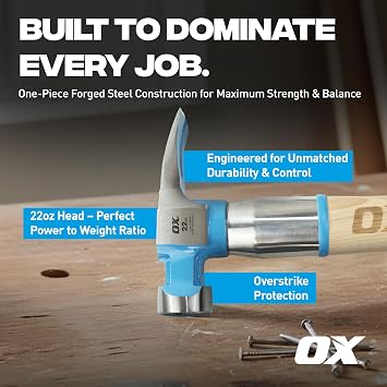 OX Pro Framing Hammer 22 oz Milled Face with Curved Hickory Wood Handle Hammer with Steel Overstrike Protection - Martillos De Carpintero