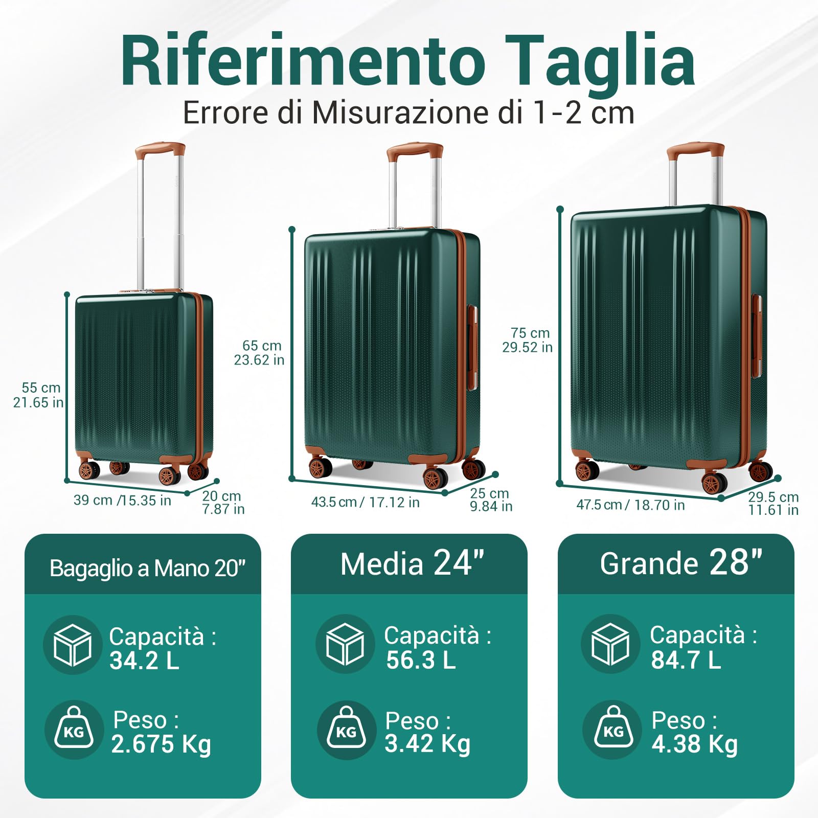 KONO Valigia Media Rigida in ABS+PC, Trolley Leggero con 4 Ruote Doppie 360° Silenziose, Serratura TSA, Effetto Sfumato (65 cm, Verde)