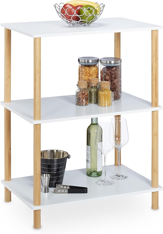 Relaxdays Standregal, 3 Ebenen, MDF & Bambus, HBT: 79 x 60 x 40 cm, Küchenregal stehend, Badezimmerregal, weiß/Natur