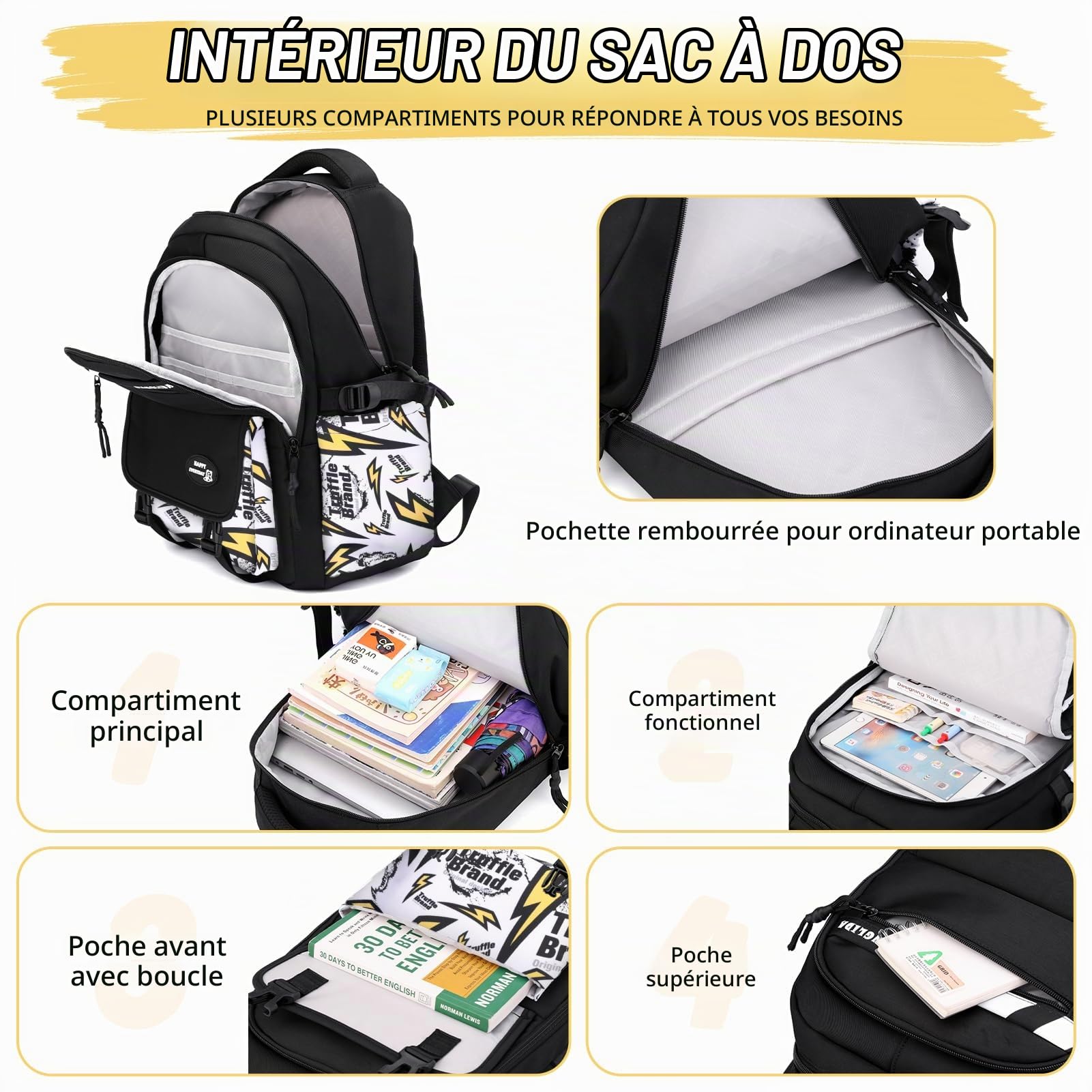 Tanou Cartable College Garcon, Sac d'école Imprimé Graffiti, 10 à 18 ans