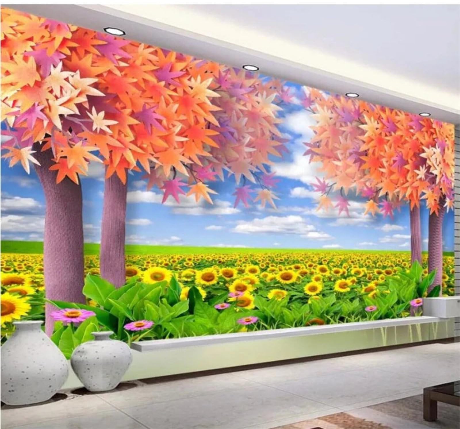 Xlming 150Cm×105Cm(B×H) Fresh Beautiful Pink Maple Leaves Sunflowers 3D Wallpaper Luxury Home Dining Decor Paste Sofa Living Room The Wall For Bedroom Mural-150Cm×105Cm