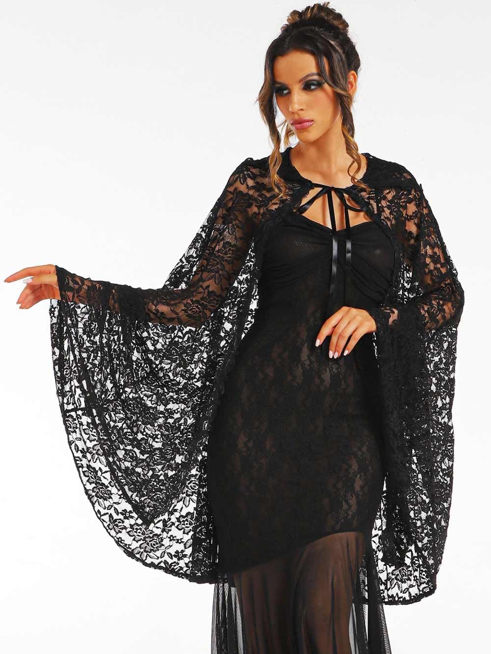 Black Lace Cape 3/4 Length Hooded Cloak Halloween Costume Cover Up for Women