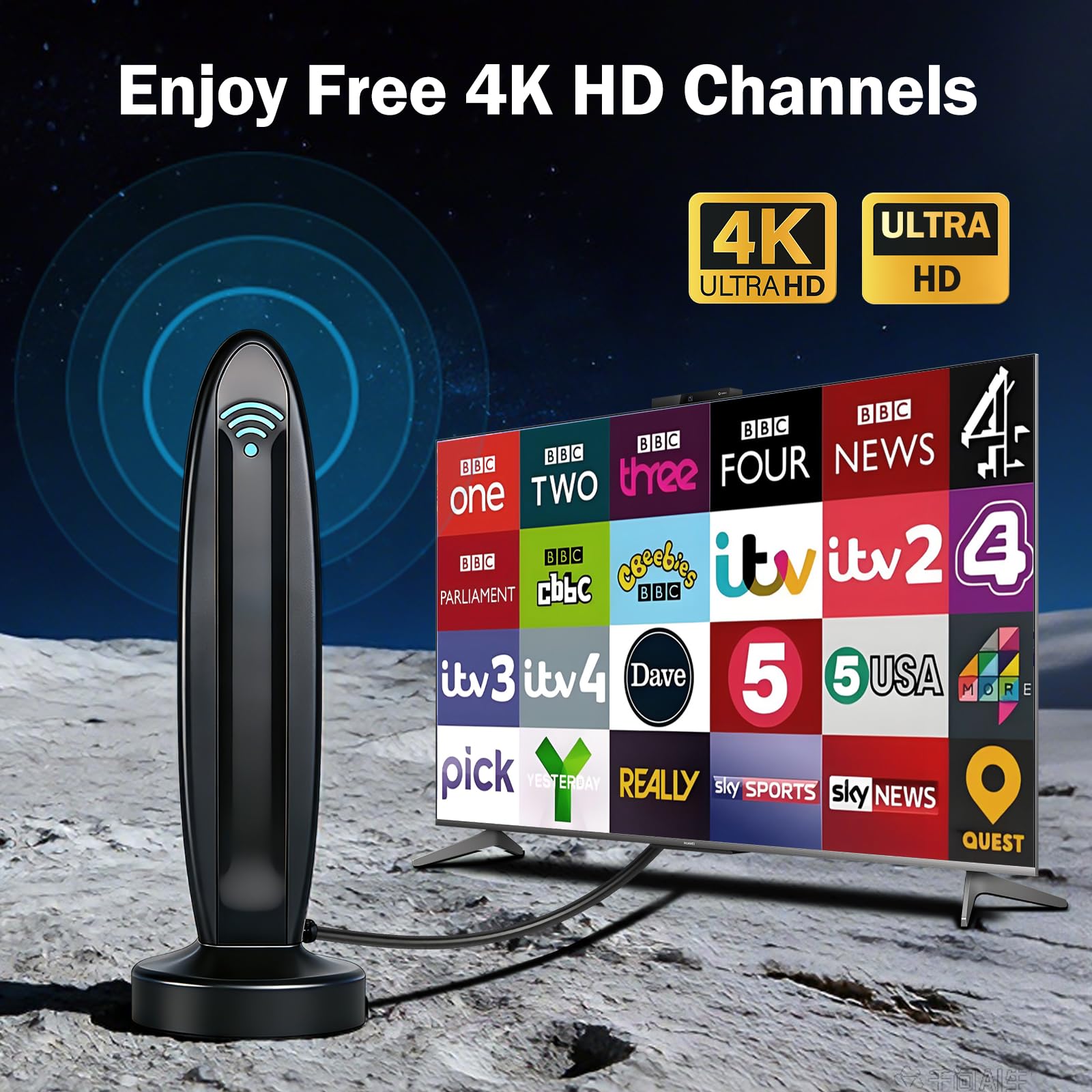DVB-T2 Antenne mit Verstärker für Innen - Zimmerantenne für Fernseher, DVB-T/T2, TV Antenne 4K UHD Full HD, 360° Empfang bis 500 km, kostenlose Sender