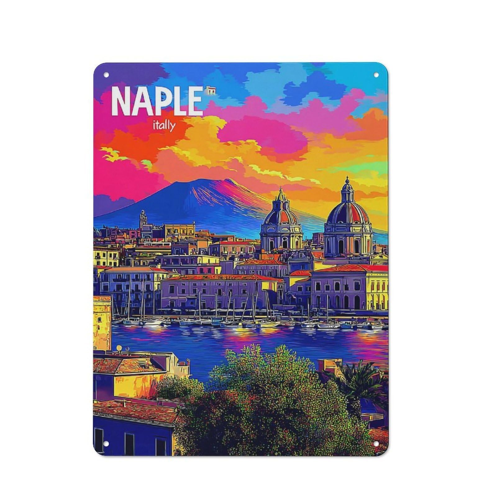 Junmoney Naples Cityscape With Volcano Decorative Tin Plaque 40X30cm, Vintage Bar Wall Plaque For Bar, Kitchen, Garage Or Games Room