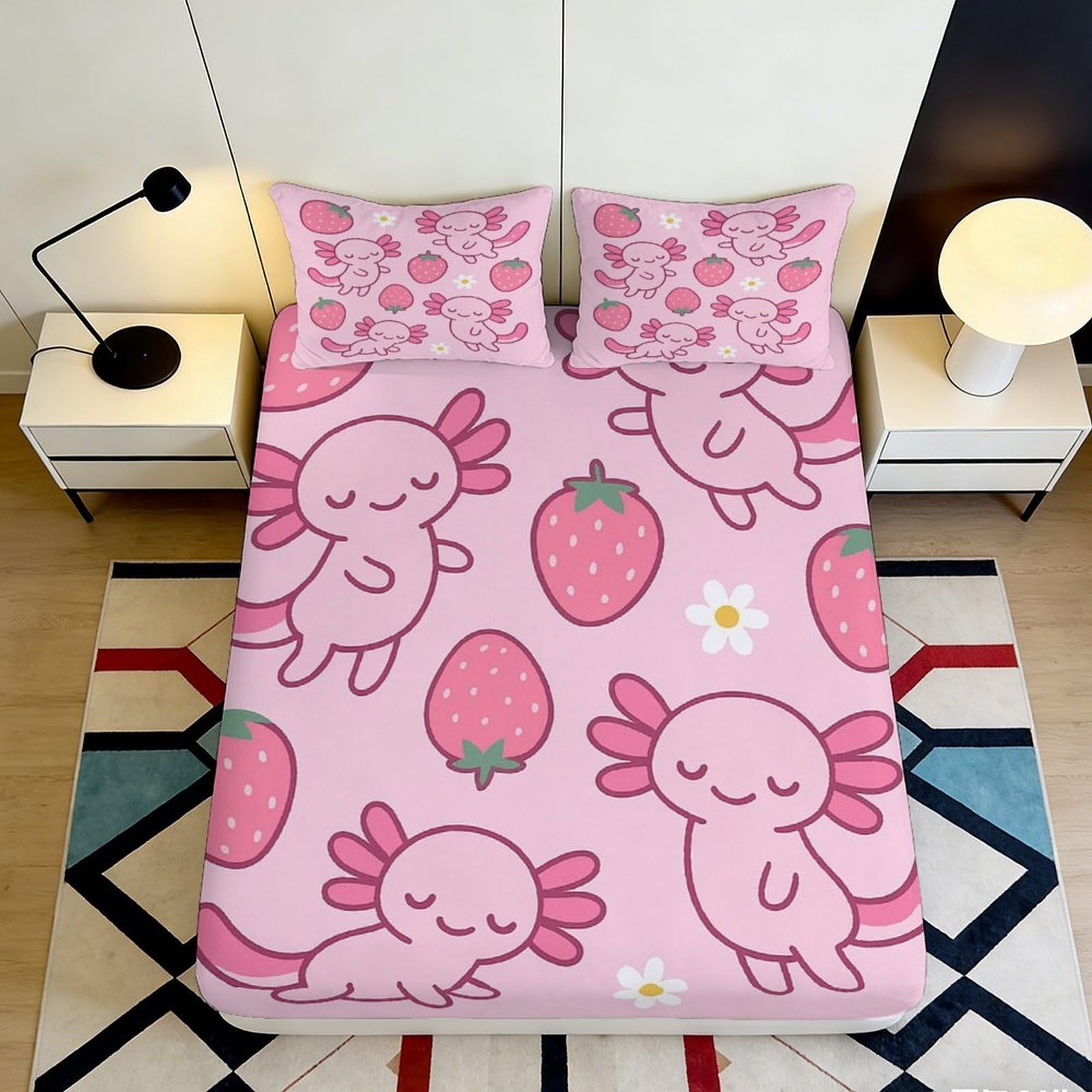 3D Printed Kawaii Axolotl Fitted Sheet Microfiber Pink Strawberry Bed Cover for Bedroom Guest Room Dorm Easy Care 90x200x25cm