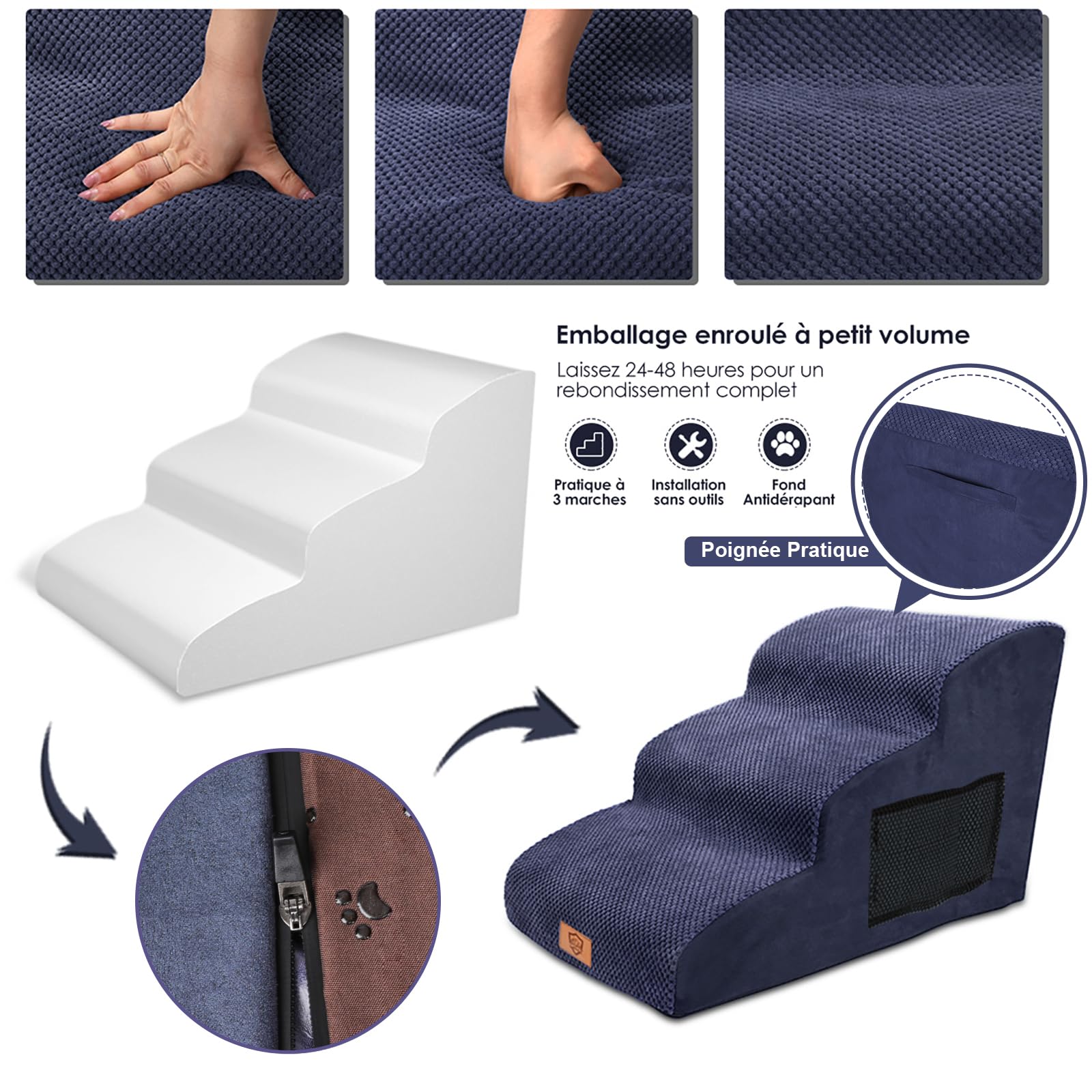 MASTERTOP Scale per Cani a 3 Gradini in Spugna, Scala Antiscivolo per Animali Domestici, Scaletta Spugna Ccuccioli per Divano Letto con Fodera Rimovibile e Lavabile (Blu Navy)