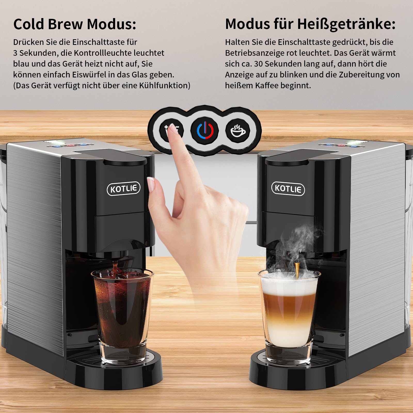KOTLIE AC-513HF 5 in 1 Kaffeemaschine für NES/DG/a modo mio/Gemahlener Kaffee/ESE(44mm), Höhe für große Tassen (Schwarz)