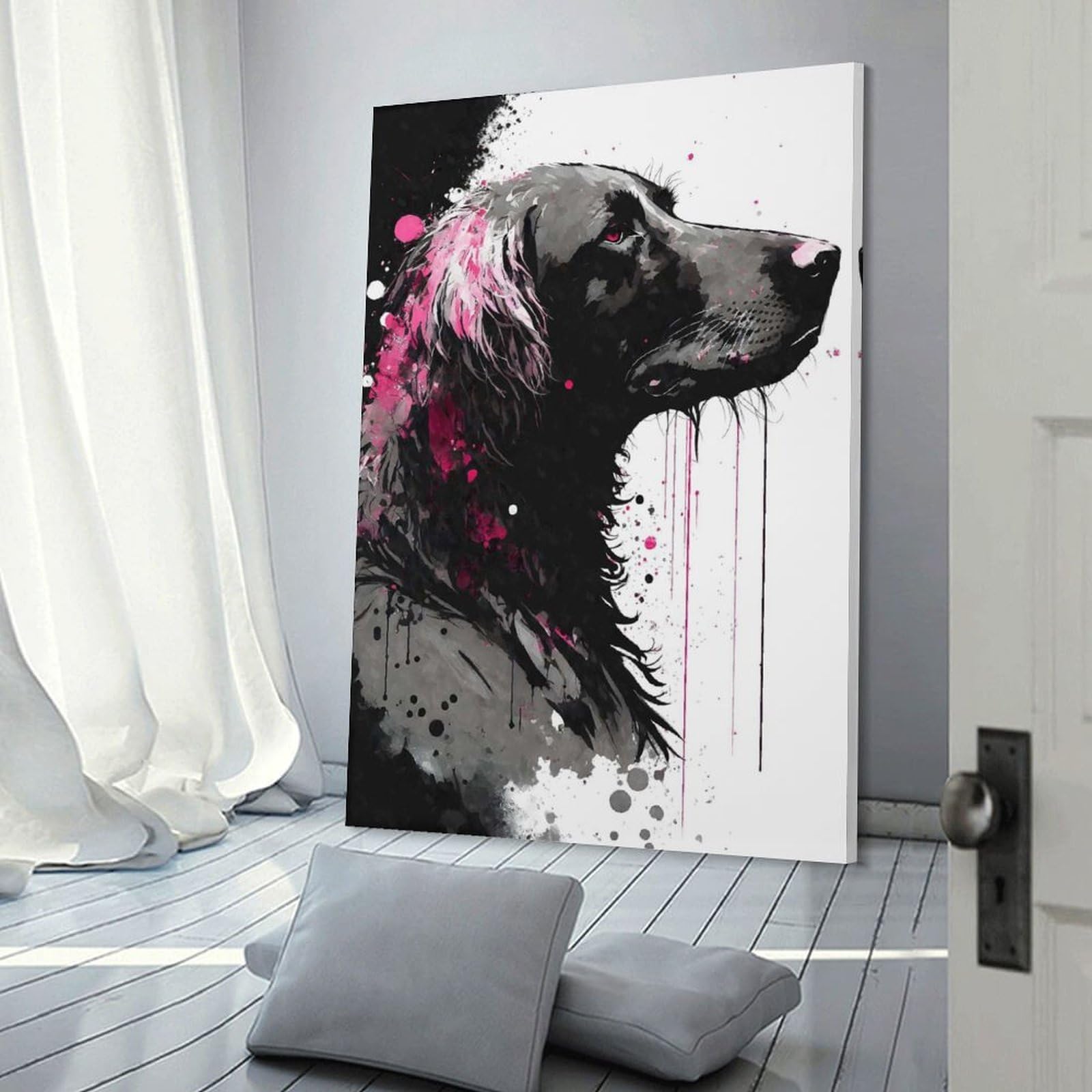 Junmoney Frame-Style-9 Flat Coated Retriever Pink Canvas Wall Decor, 20X30inch(50X75cm), For Flats, Guest Rooms Or Compact Rooms, Decorative Canvas Decor For Home Updates