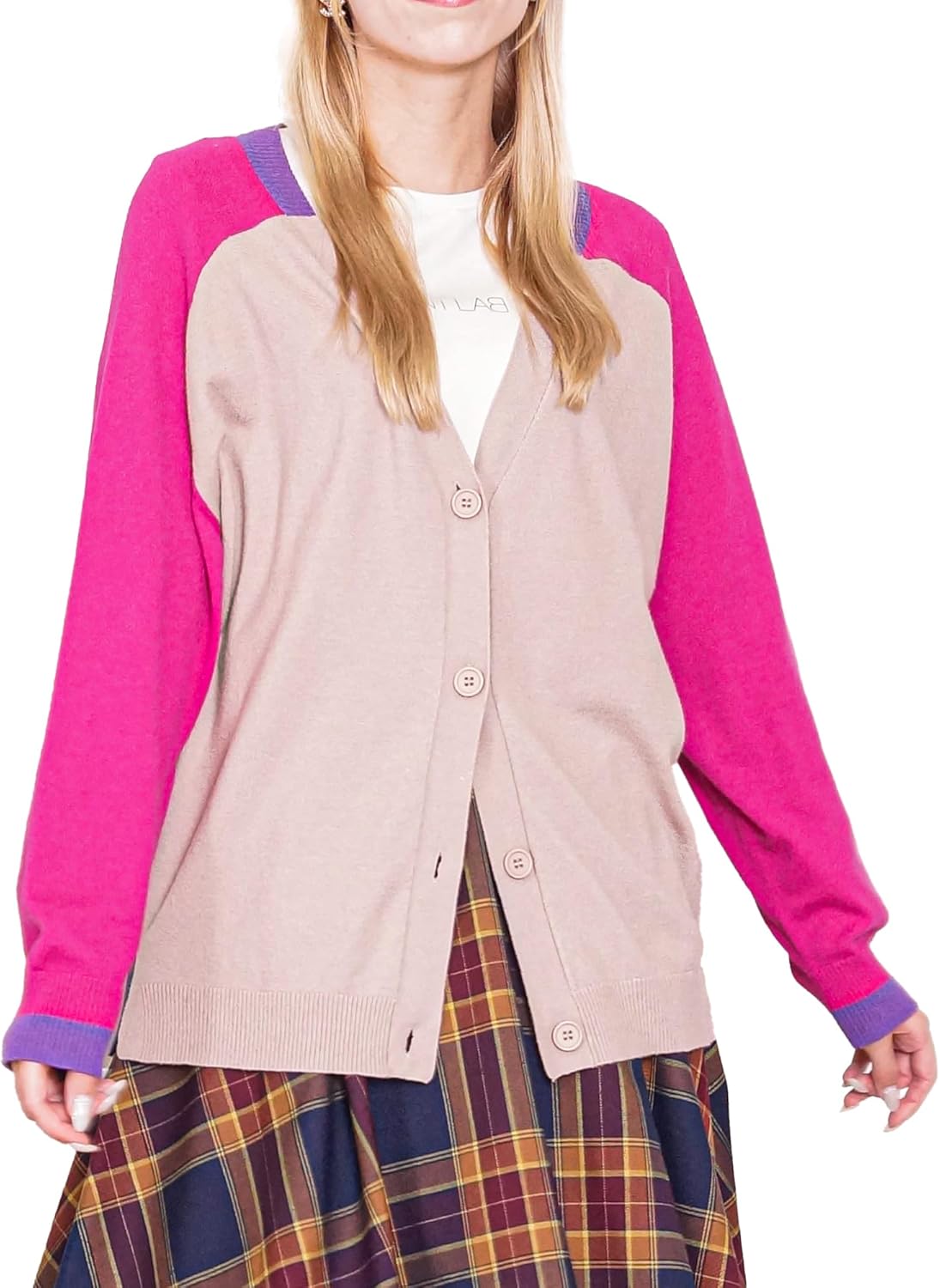 Women’s Cardigan Multicolor Block Design Soft and Comfortable Button Down Sweater in Catchy Color Scheme