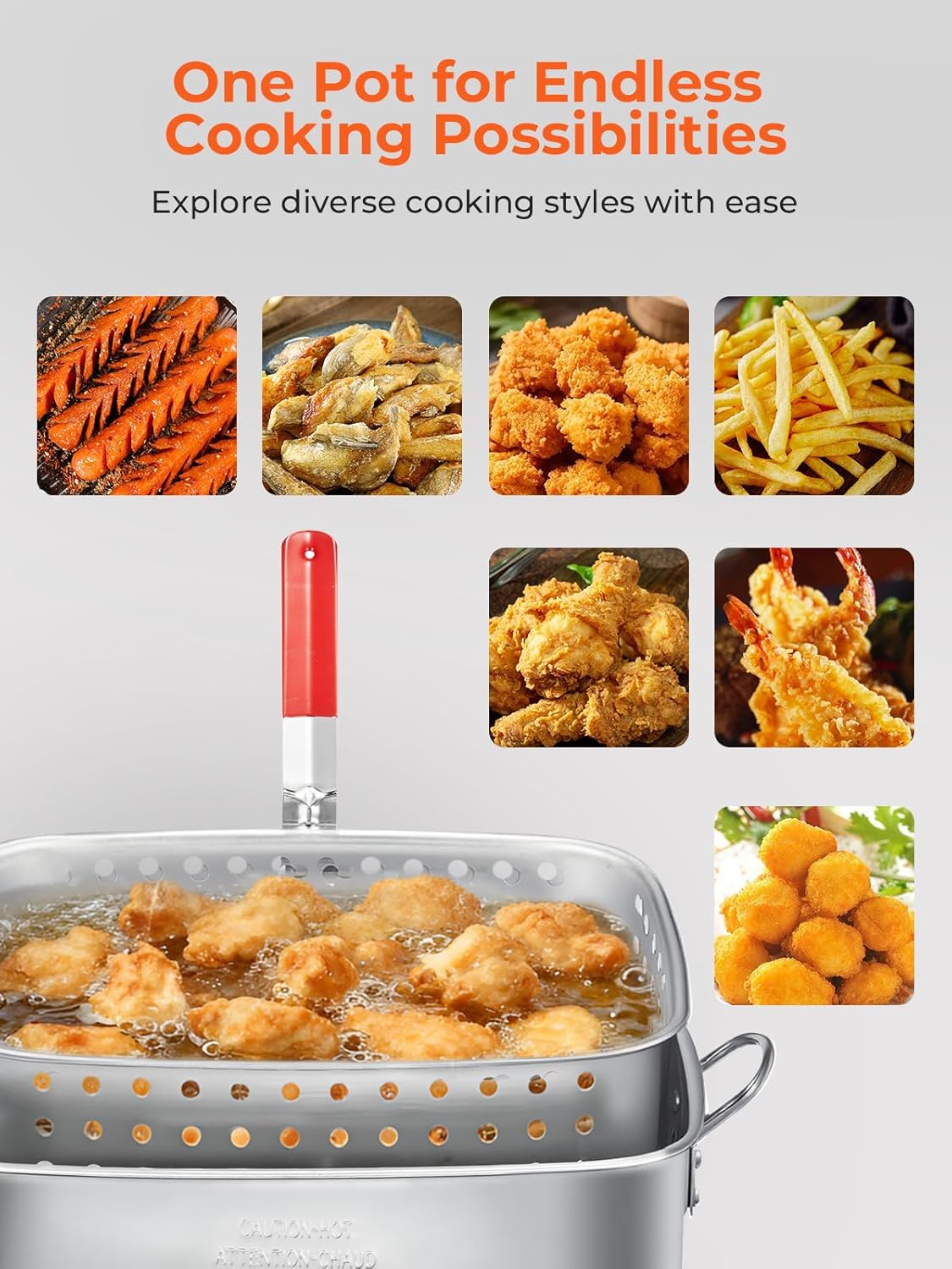 FOHERE 18QT Aluminum Deep Fryer Pot with Basket, Outdoor Fish Fryer Pot with Easy Grip Handle - Lightweight & Durable Rectangular Outdoor Fryer for Frying Fish, French Fries, Chicken Wing