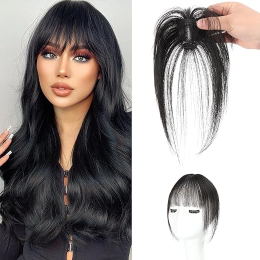100% Human Hair 360°Cover Clip on Bangs for Women Human Hair Wispy Bangs Clip with Temples Hair Topper for Women Natural B...