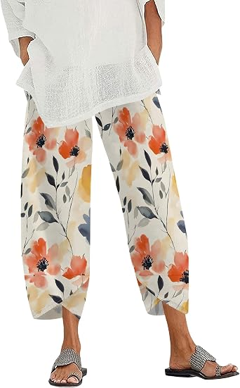 Womens Wide Leg Capri Pants Casual Boho Floral Print Cute Graphic Pant Elastic High Waist Plus Size Trousers