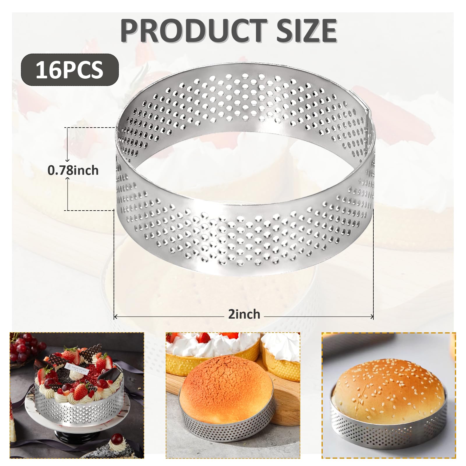 Lot de 16 anneaux à tarte perforés en acier inoxydable de 5 cm, anneaux à tarte perforés pour gâteau, mousse, pâtisserie, gâteau, dessert, anneau en acier inoxydable anti-adhésif pour la fabrication